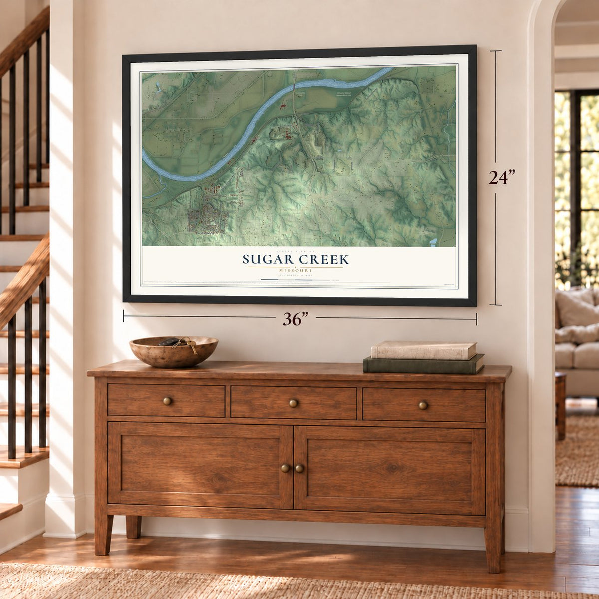 Sugar Creek, Missouri map, 24 x 36 inch print in a black frame above a dresser by a staircase