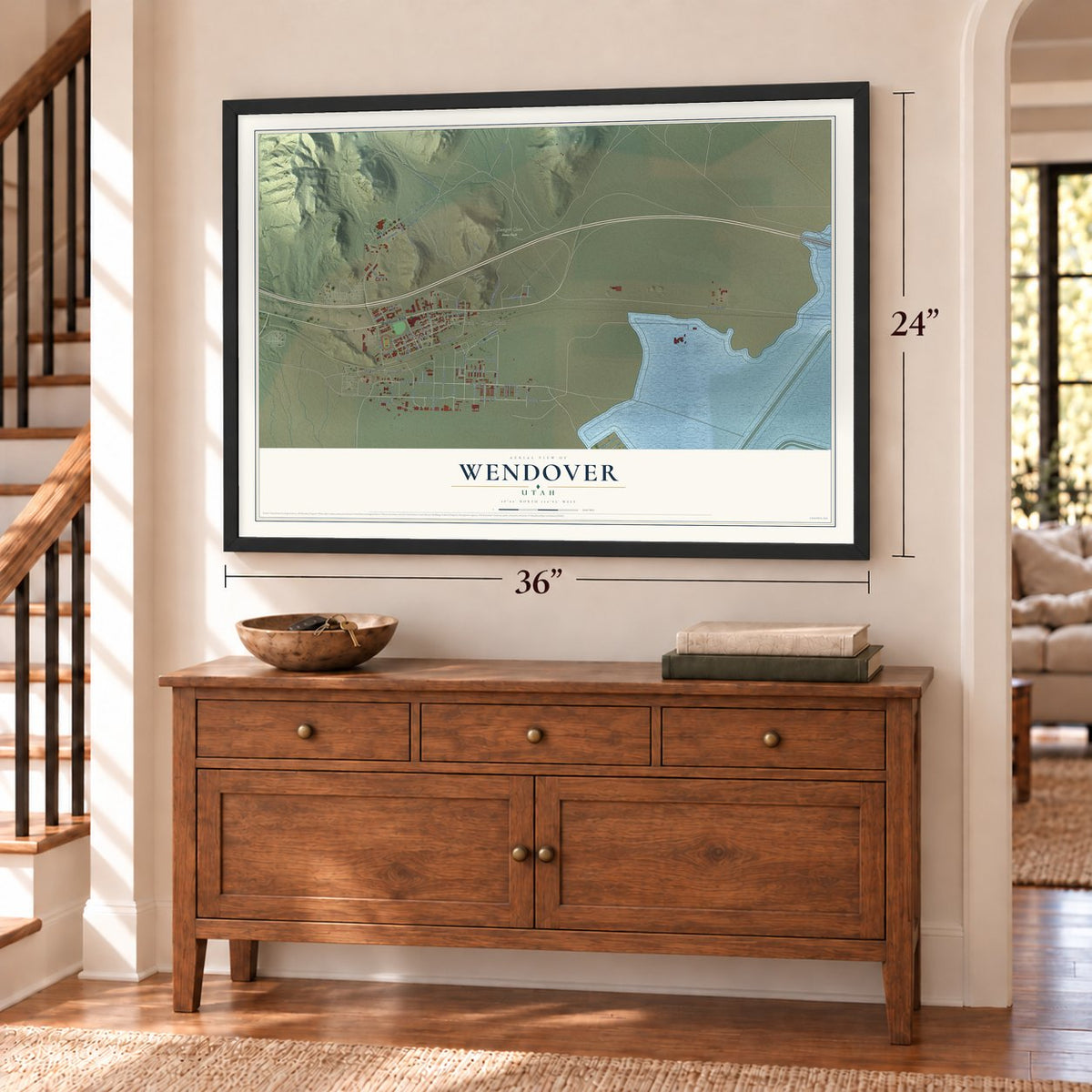 Wendover, Utah map, 24 x 36 inch print in a black frame above a dresser by a staircase