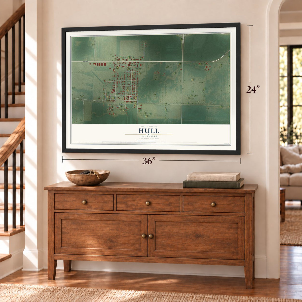 Hull, Illinois map, 24 x 36 inch print in a black frame above a dresser by a staircase