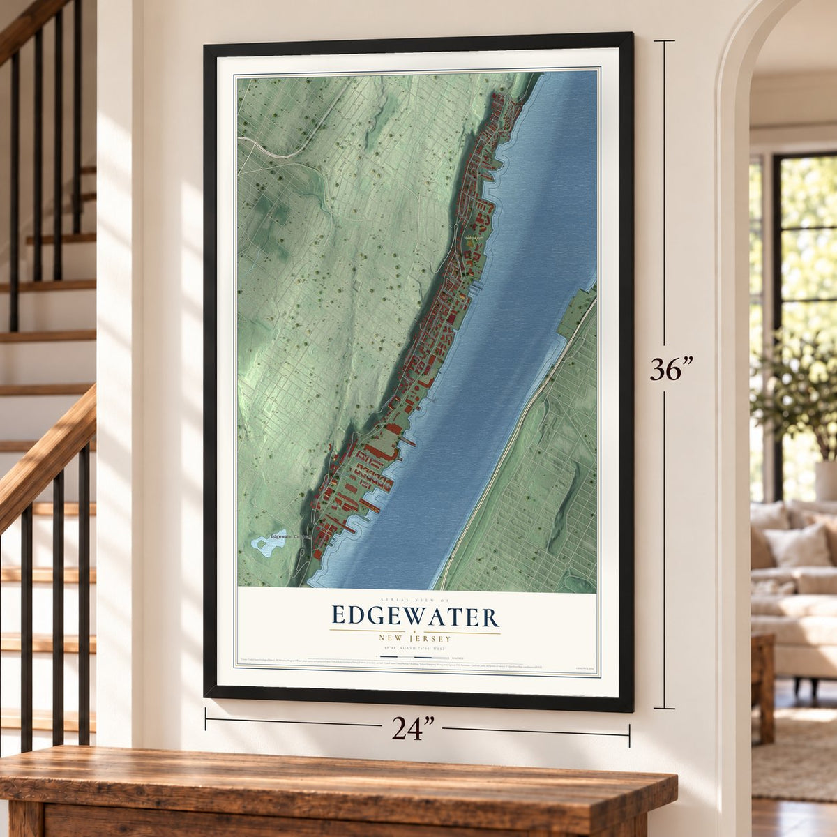 Edgewater, New Jersey map, 24 x 36 inch print in a black frame by a staircase
