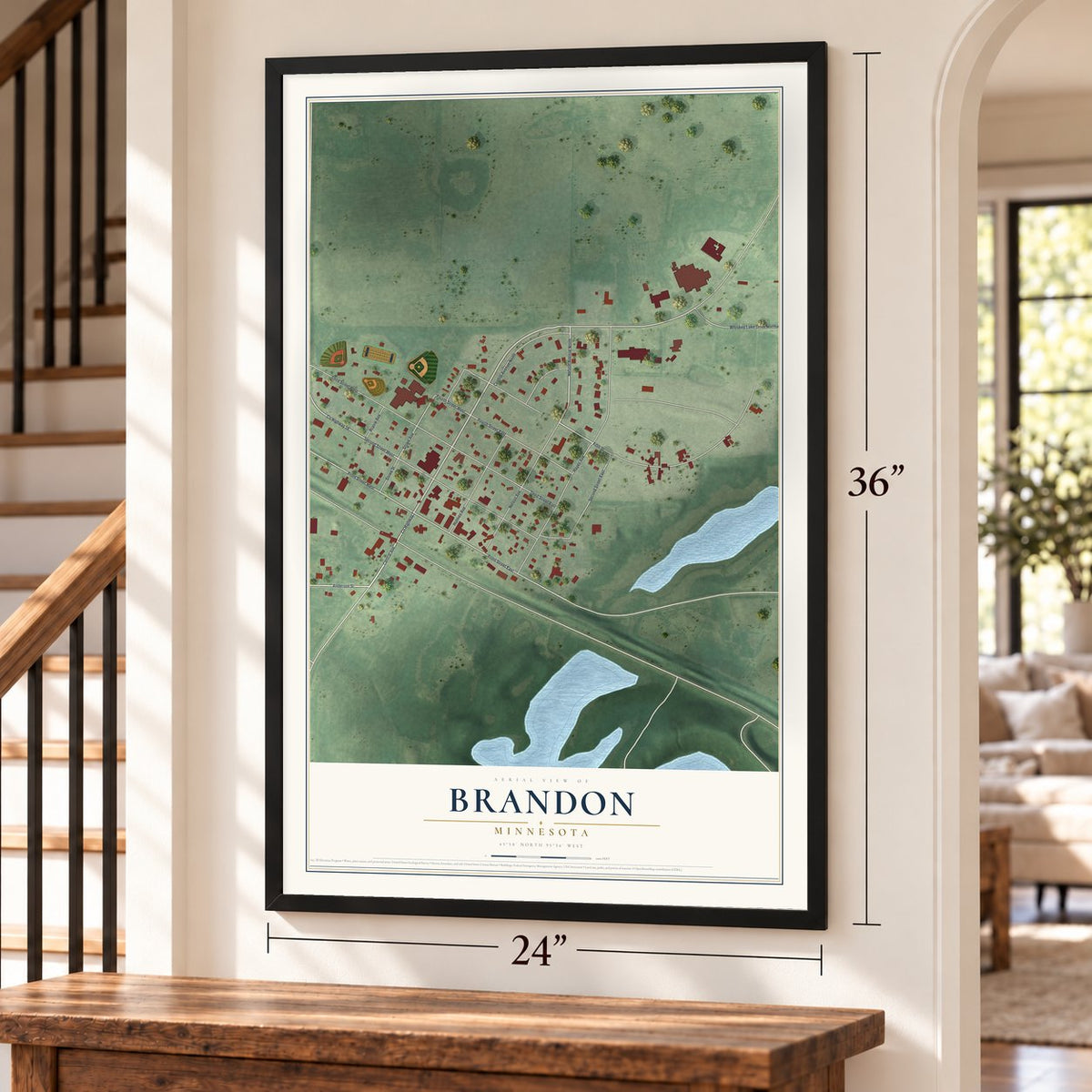 Brandon, Minnesota map, 24 x 36 inch print in a black frame by a staircase