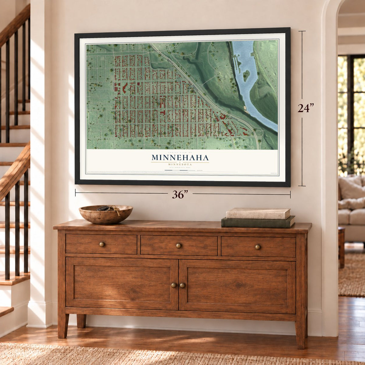 Minnehaha, Minnesota map, 24 x 36 inch print in a black frame above a dresser by a staircase