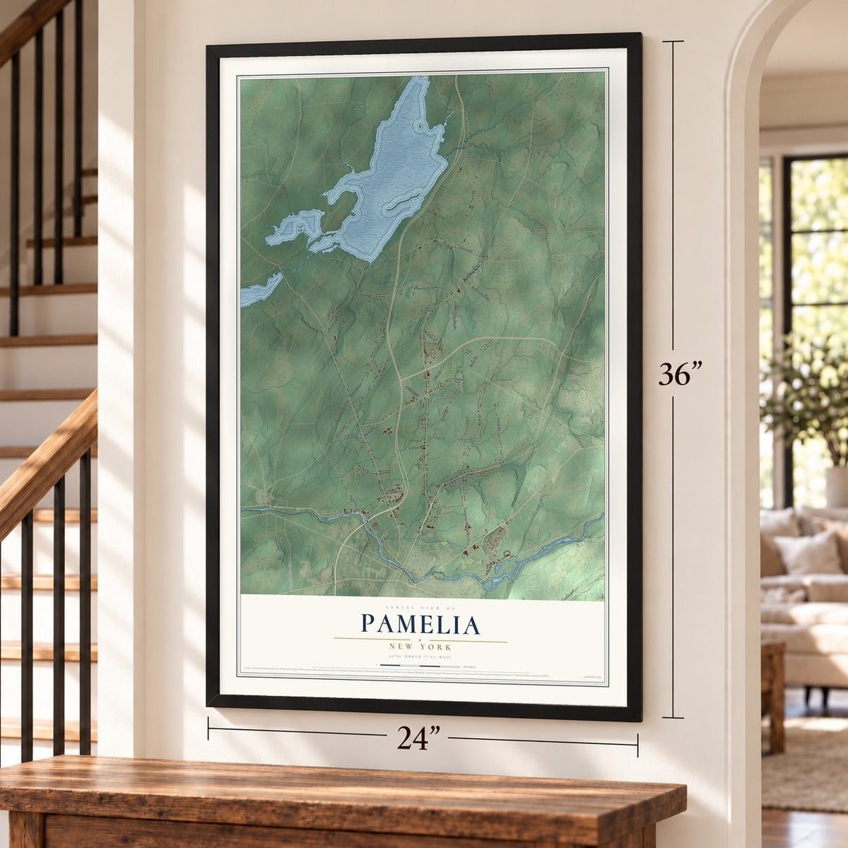 Pamelia, New York map, 24 x 36 inch print in a black frame by a staircase