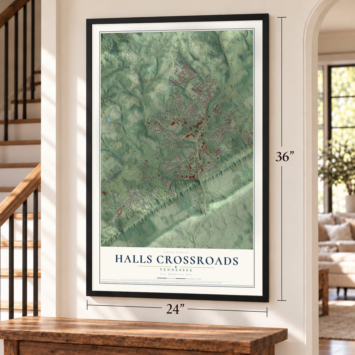 Halls Crossroads, Tennessee map, 24 x 36 inch print in a black frame by a staircase