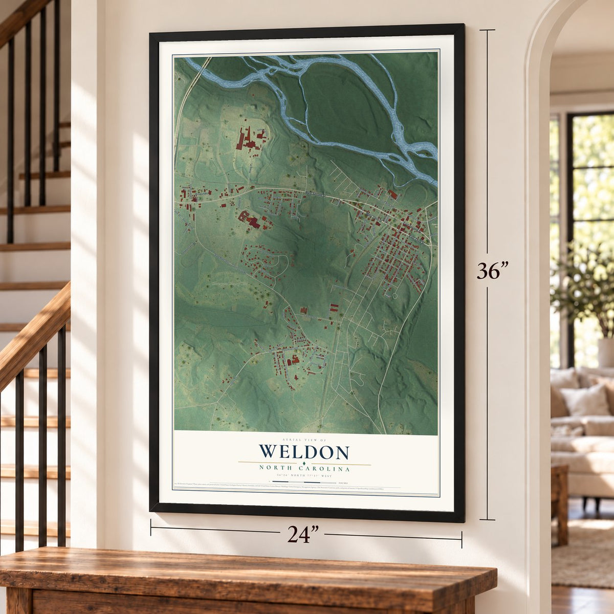 Weldon, North Carolina map, 24 x 36 inch print in a black frame by a staircase
