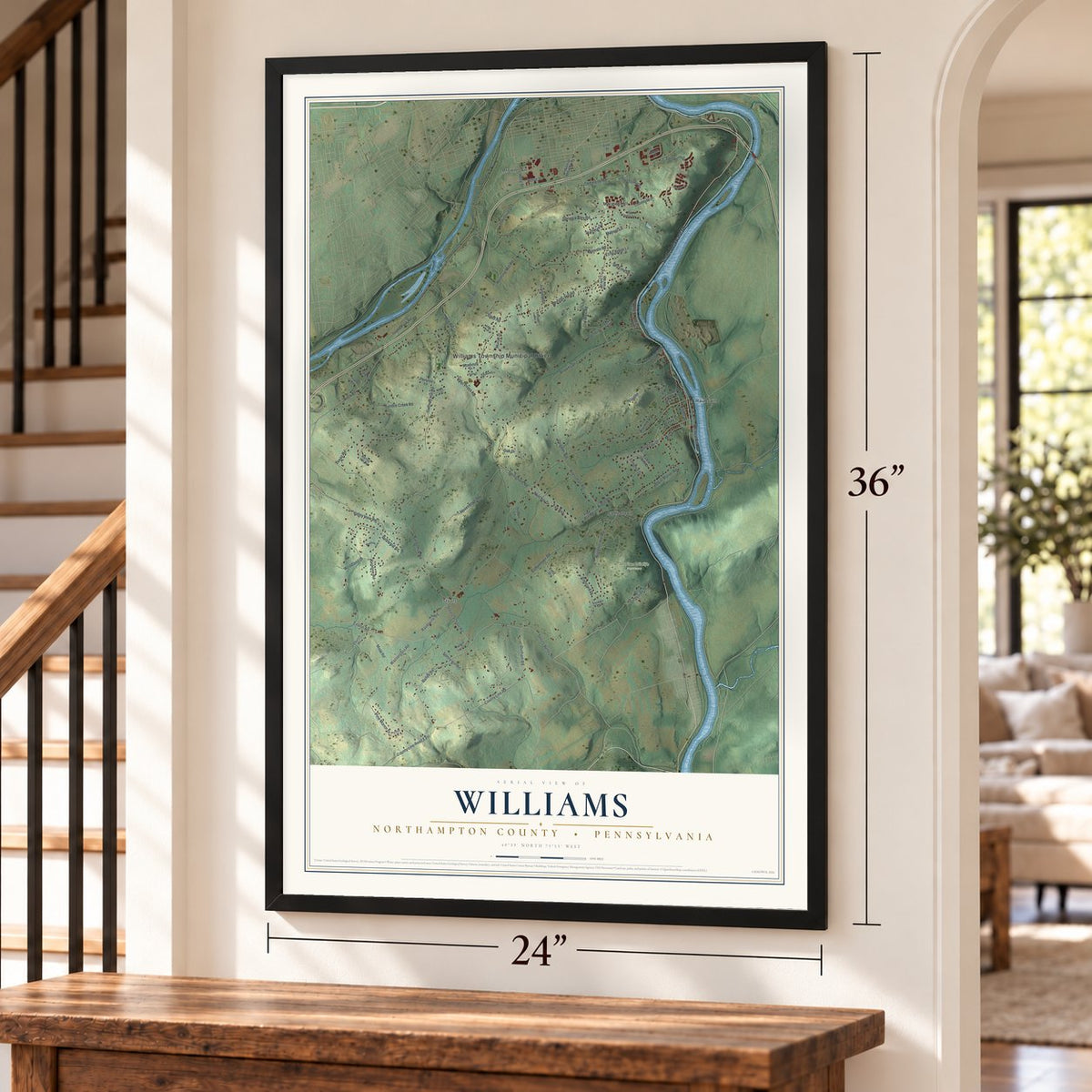 Williams, Northampton County, Pennsylvania map, 24 x 36 inch print in a black frame by a staircase