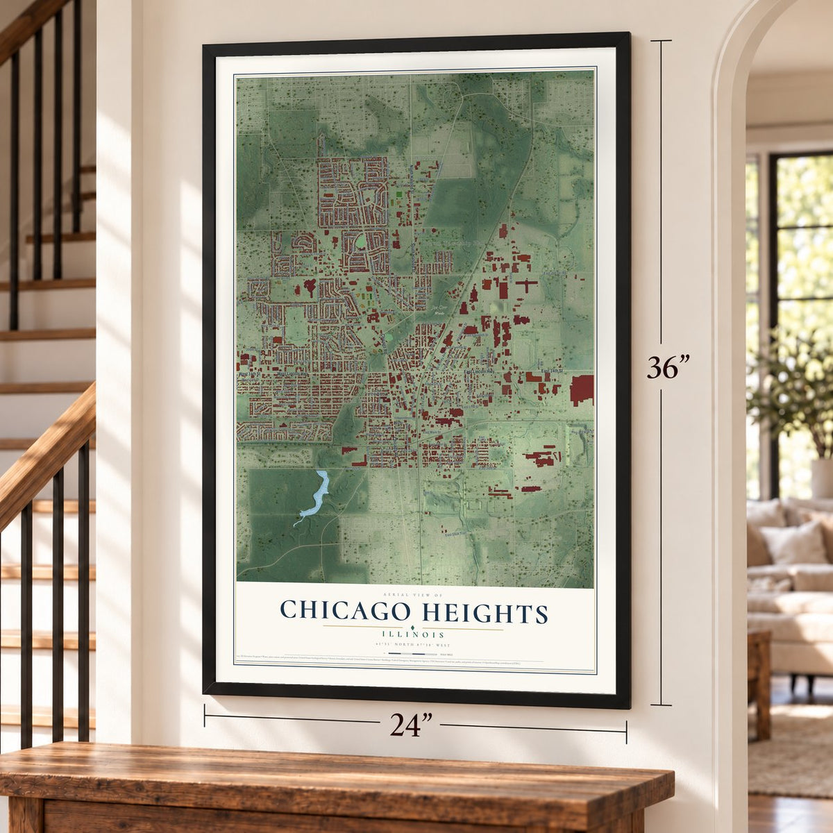 Chicago Heights, Illinois map, 24 x 36 inch print in a black frame by a staircase