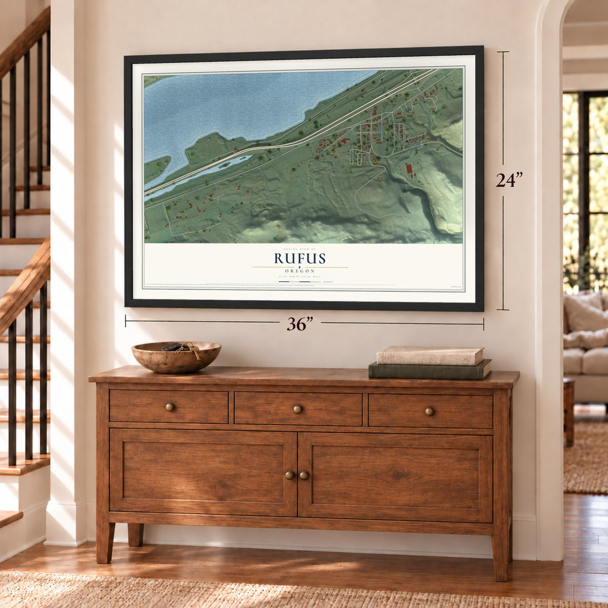 Rufus, Oregon map, 24 x 36 inch print in a black frame above a dresser by a staircase