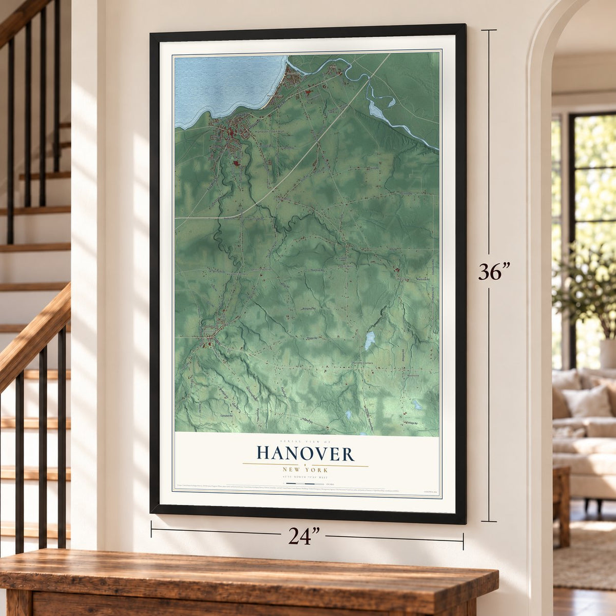 Hanover, New York map, 24 x 36 inch print in a black frame by a staircase