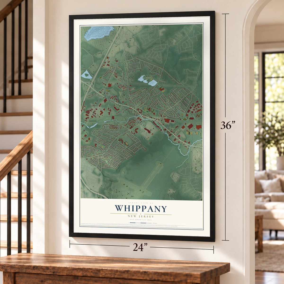 Whippany, New Jersey map, 24 x 36 inch print in a black frame by a staircase