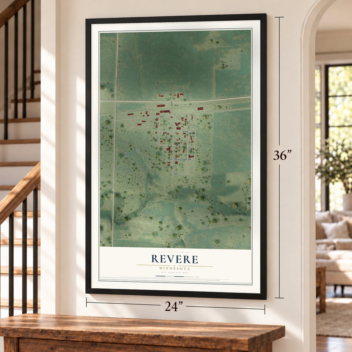 Revere, Minnesota map, 24 x 36 inch print in a black frame by a staircase