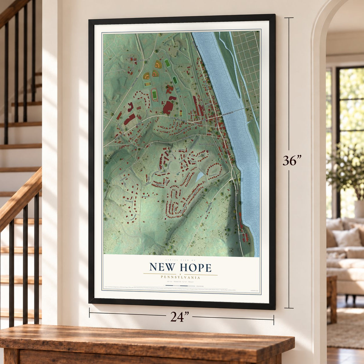 New Hope, Pennsylvania map, 24 x 36 inch print in a black frame by a staircase
