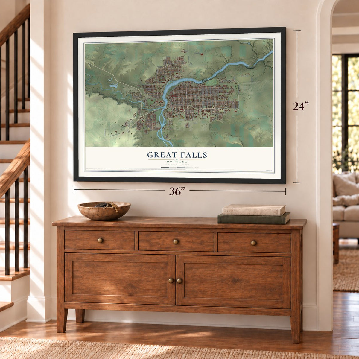 Great Falls, Montana map, 24 x 36 inch print in a black frame above a dresser by a staircase