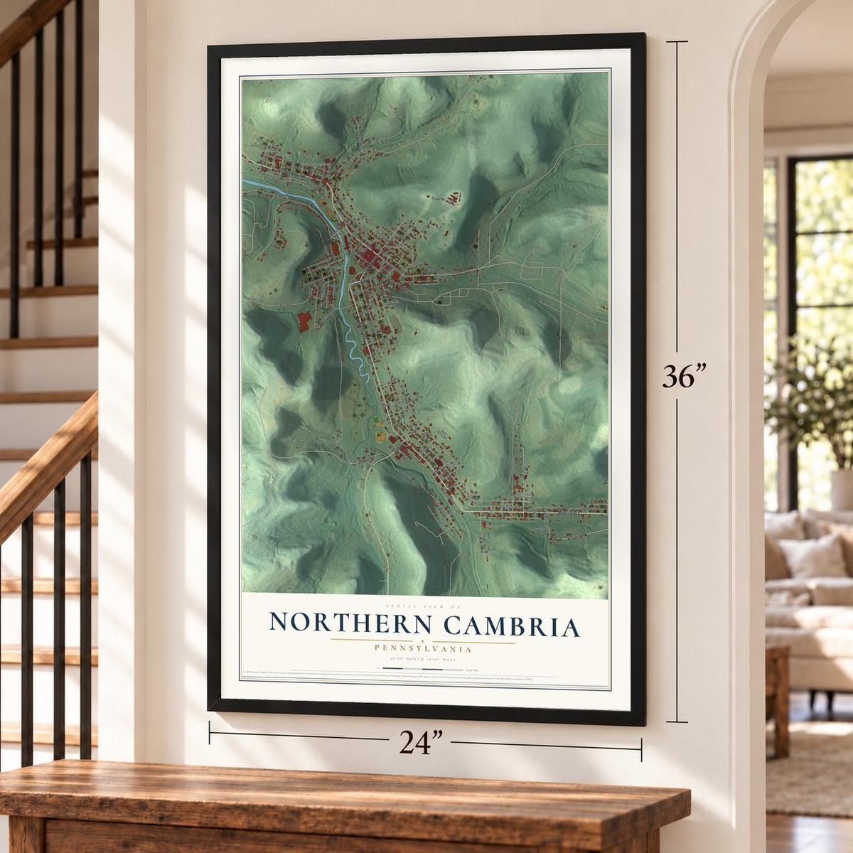 Northern Cambria, Pennsylvania map, 24 x 36 inch print in a black frame by a staircase