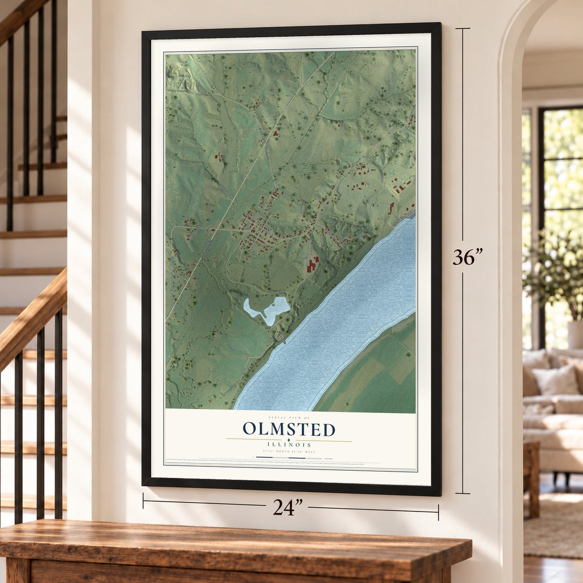 Olmsted, Illinois map, 24 x 36 inch print in a black frame by a staircase