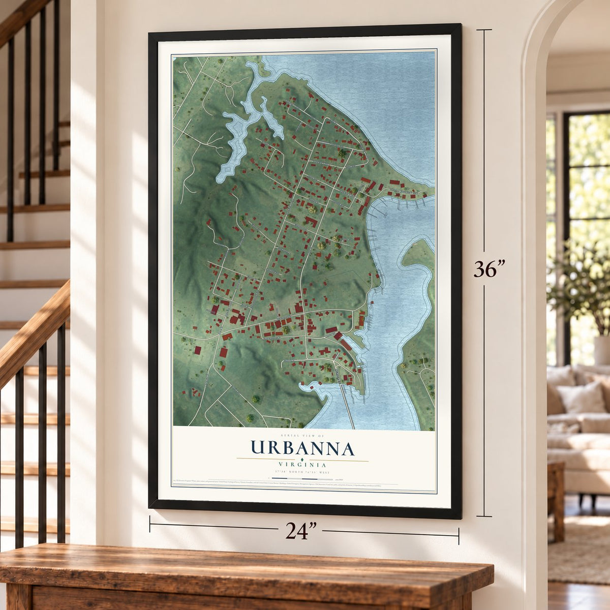 Urbanna, Virginia map, 24 x 36 inch print in a black frame by a staircase