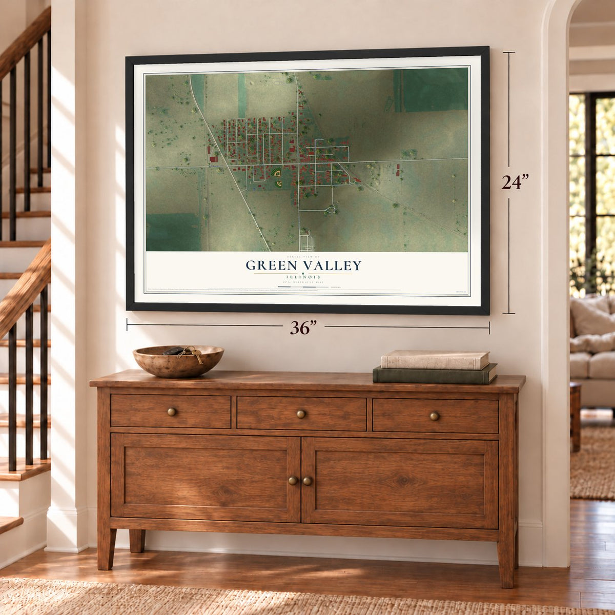 Green Valley, Illinois map, 24 x 36 inch print in a black frame above a dresser by a staircase