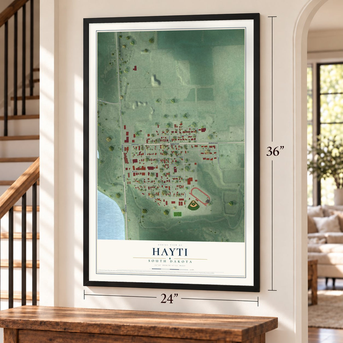 Hayti, South Dakota map, 24 x 36 inch print in a black frame by a staircase