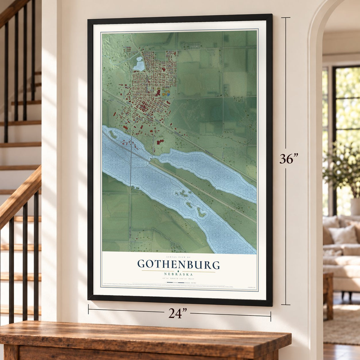 Gothenburg, Nebraska map, 24 x 36 inch print in a black frame by a staircase