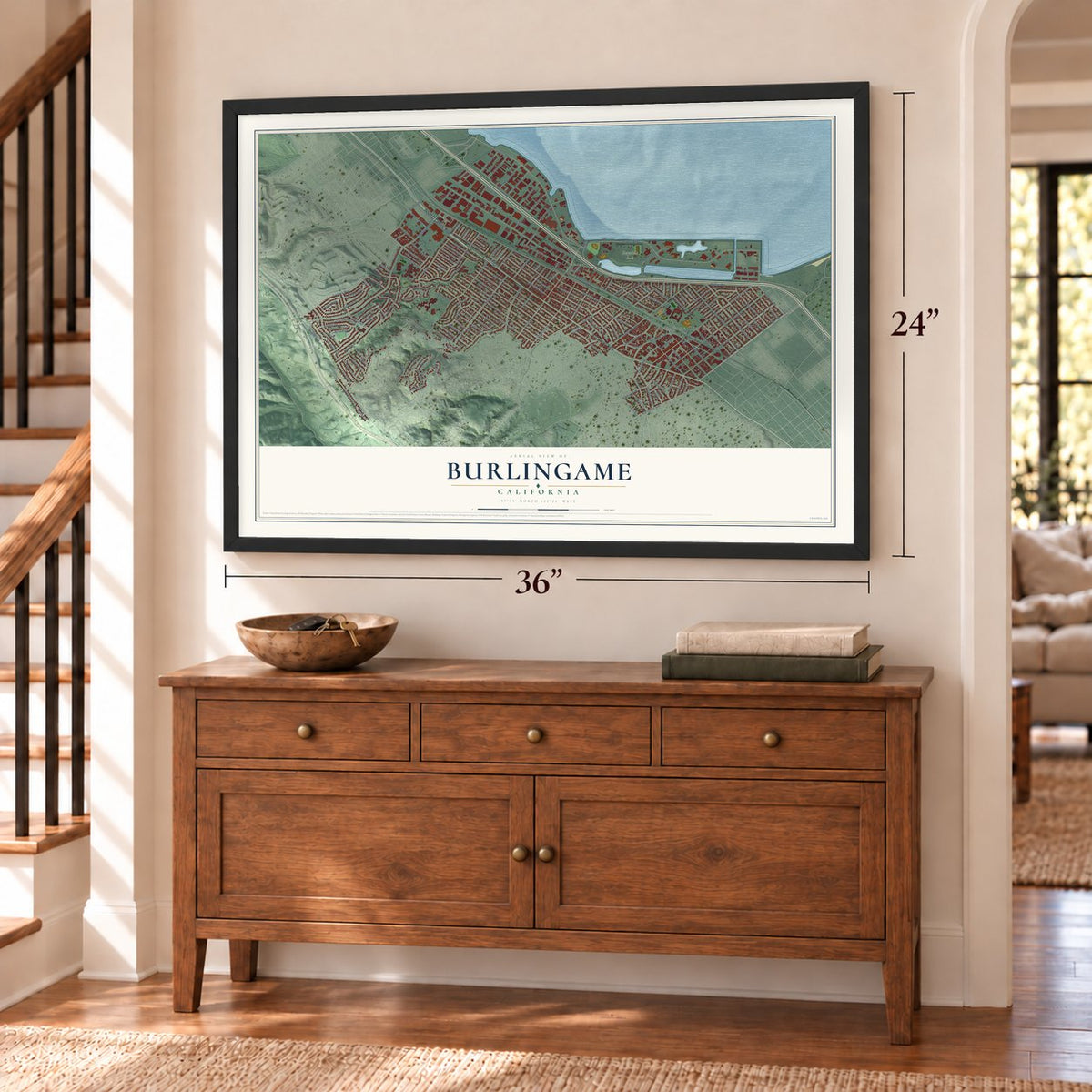 Burlingame, California map, 24 x 36 inch print in a black frame above a dresser by a staircase
