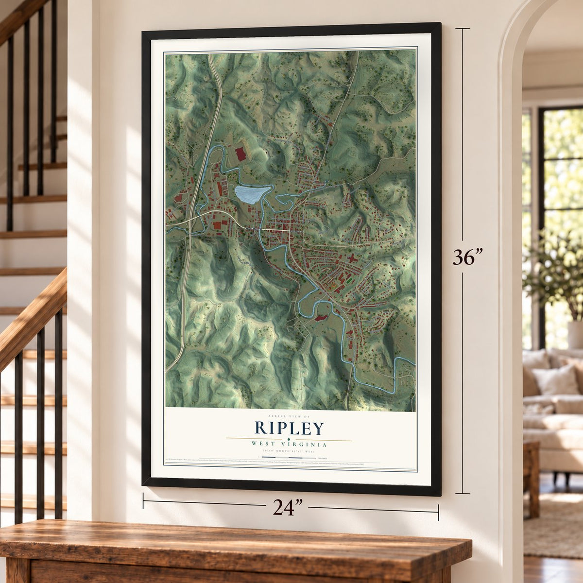 Ripley, West Virginia map, 24 x 36 inch print in a black frame by a staircase