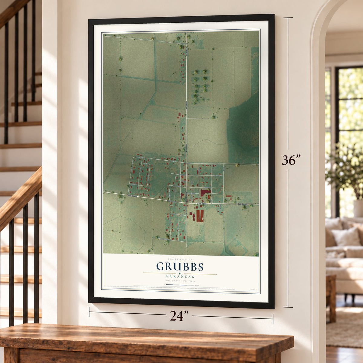 Grubbs, Arkansas map, 24 x 36 inch print in a black frame by a staircase