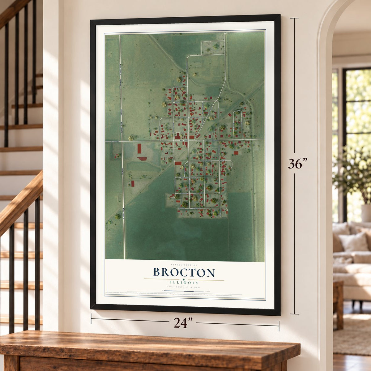 Brocton, Illinois map, 24 x 36 inch print in a black frame by a staircase