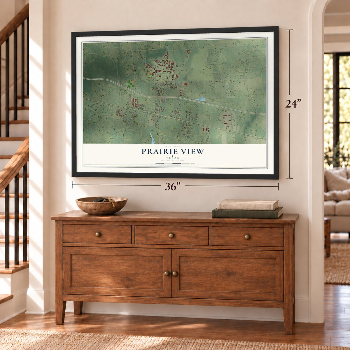 Prairie View, Texas map, 24 x 36 inch print in a black frame above a dresser by a staircase