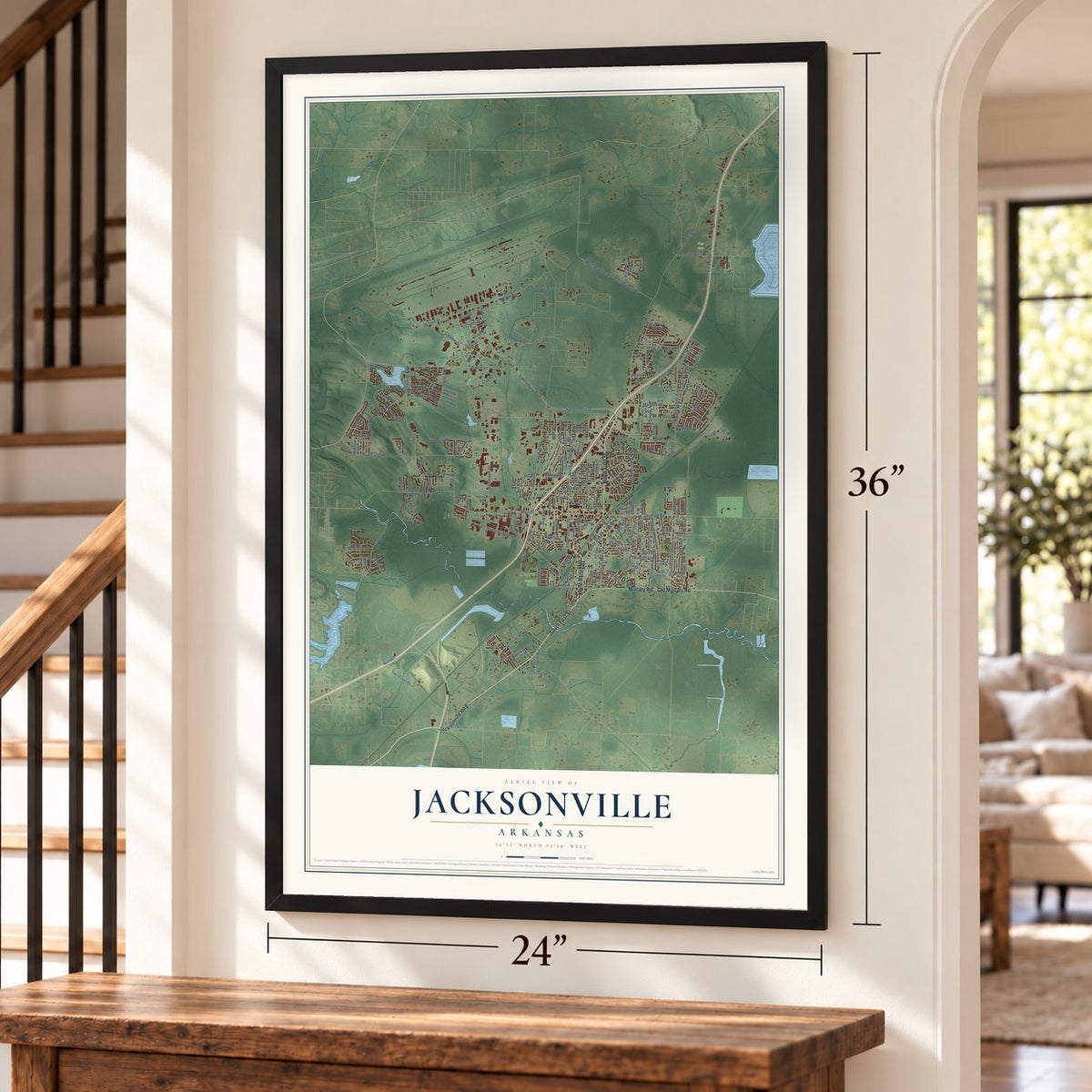 Jacksonville, Arkansas map, 24 x 36 inch print in a black frame by a staircase