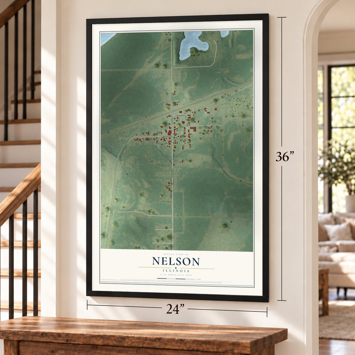 Nelson, Illinois map, 24 x 36 inch print in a black frame by a staircase