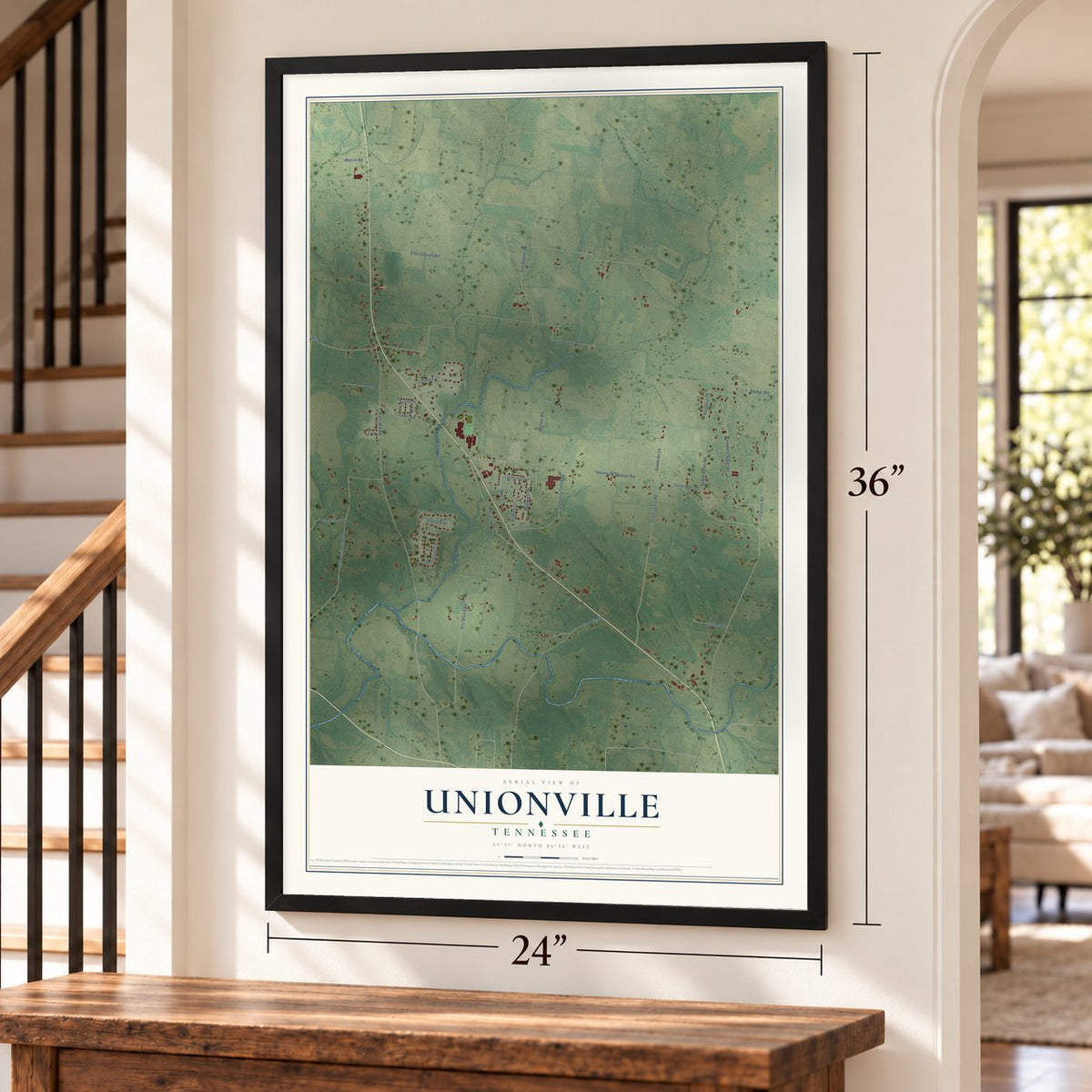 Unionville, Tennessee map, 24 x 36 inch print in a black frame by a staircase