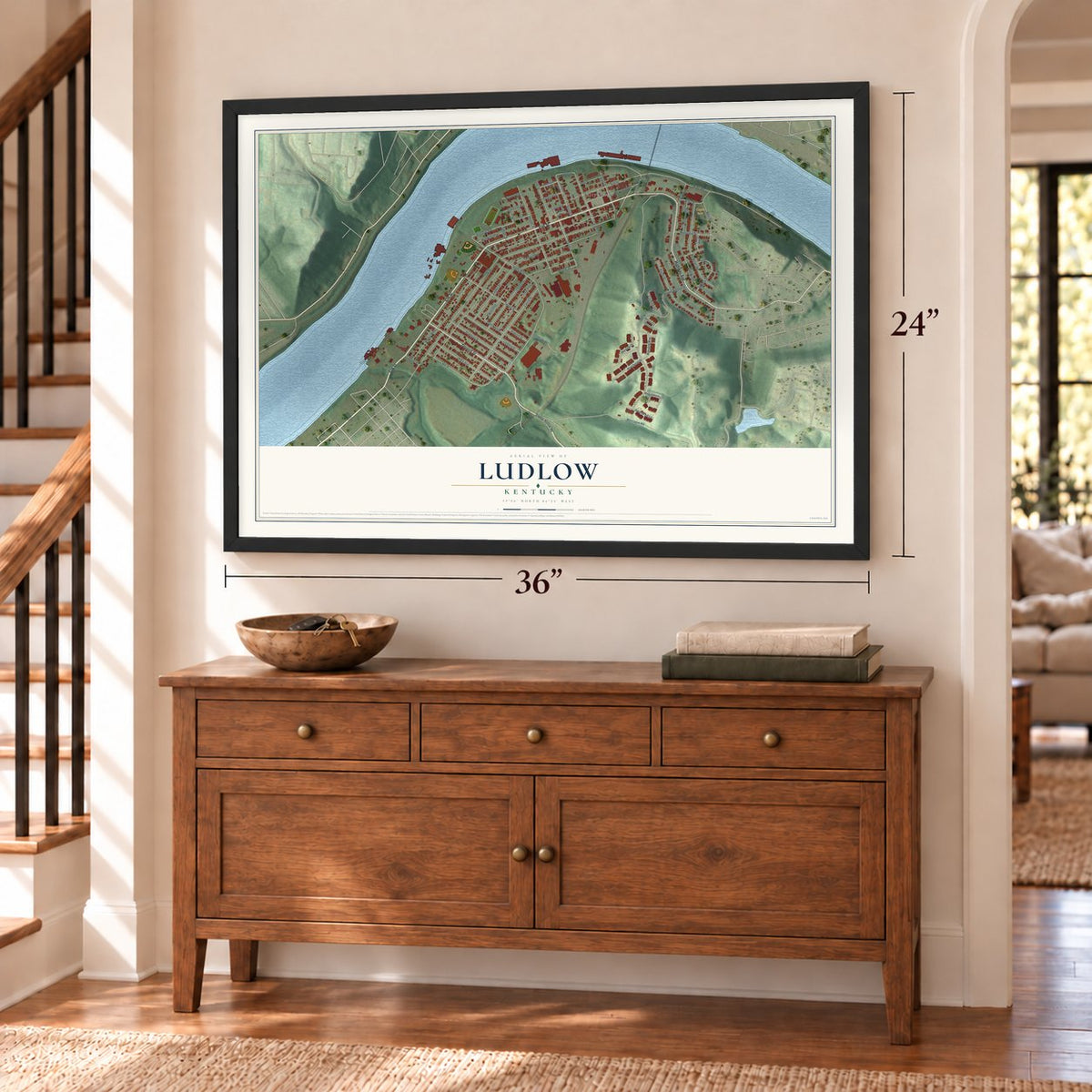 Ludlow, Kentucky map, 24 x 36 inch print in a black frame above a dresser by a staircase