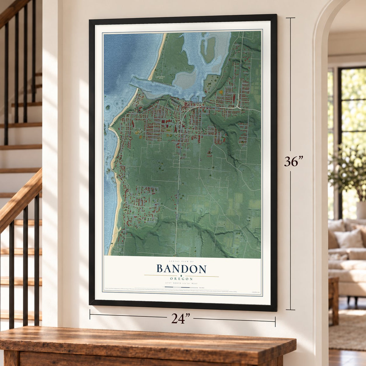 Bandon, Oregon map, 24 x 36 inch print in a black frame by a staircase