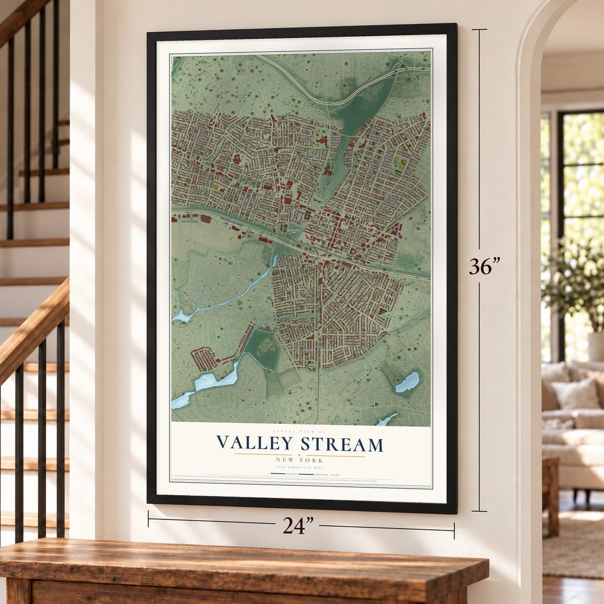 Valley Stream, New York map, 24 x 36 inch print in a black frame by a staircase