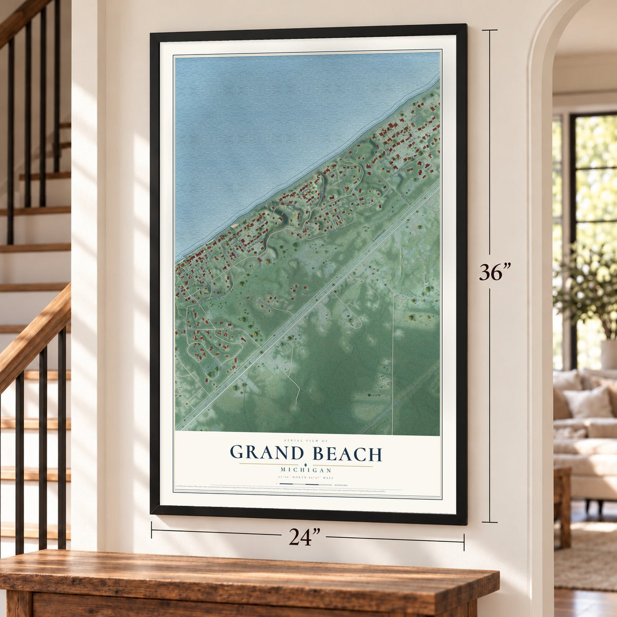 Grand Beach, Michigan map, 24 x 36 inch print in a black frame by a staircase