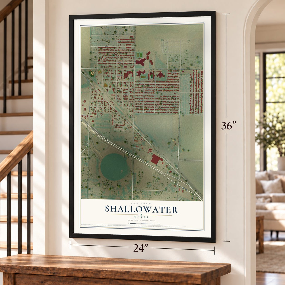 Shallowater, Texas map, 24 x 36 inch print in a black frame by a staircase