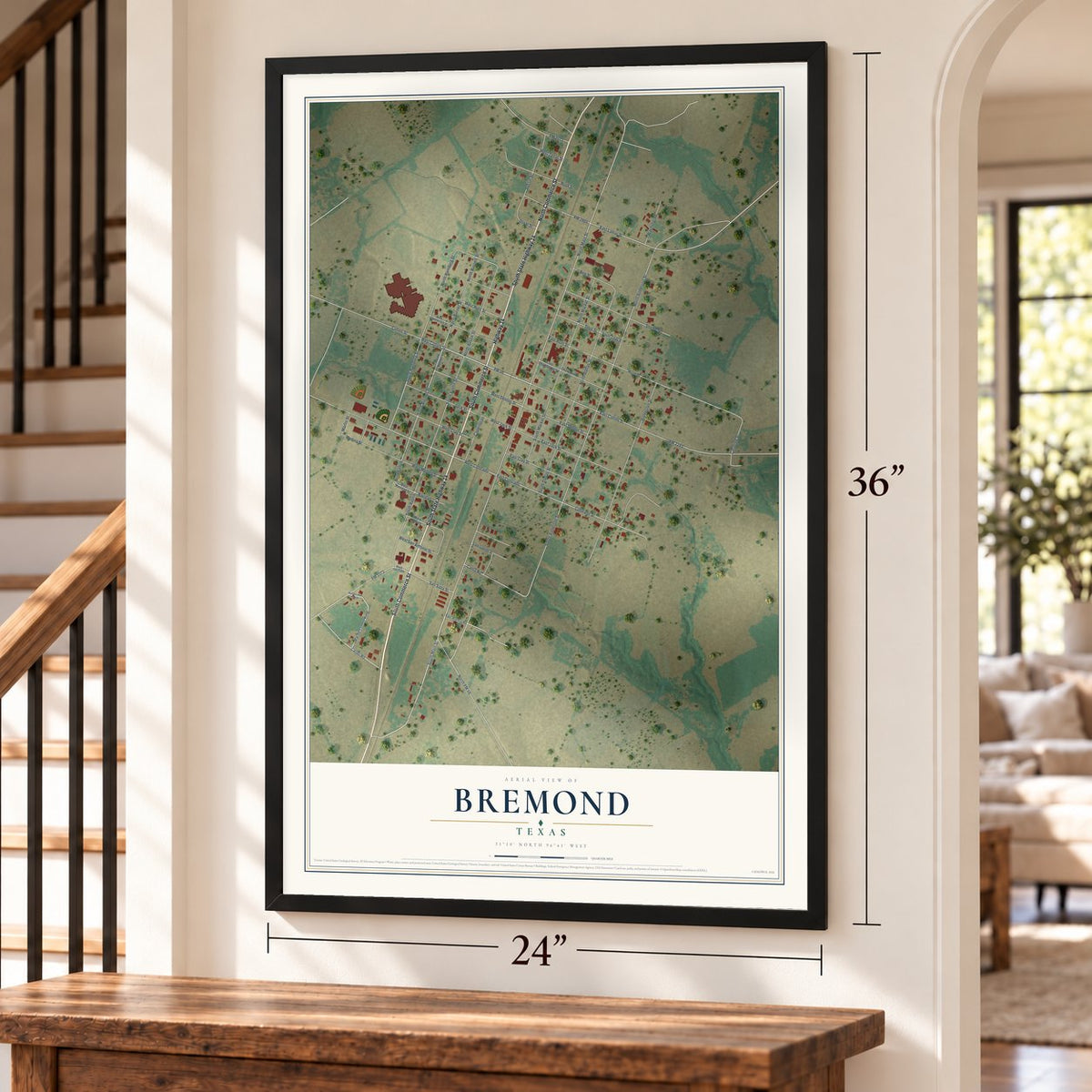 Bremond, Texas map, 24 x 36 inch print in a black frame by a staircase