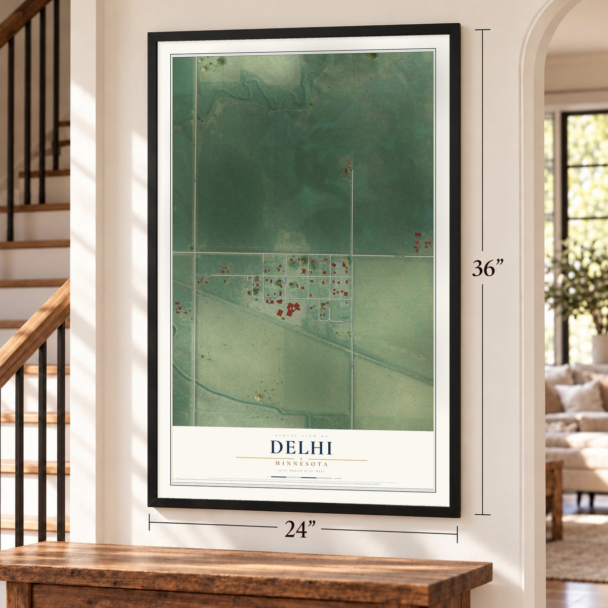 Delhi, Minnesota map, 24 x 36 inch print in a black frame by a staircase