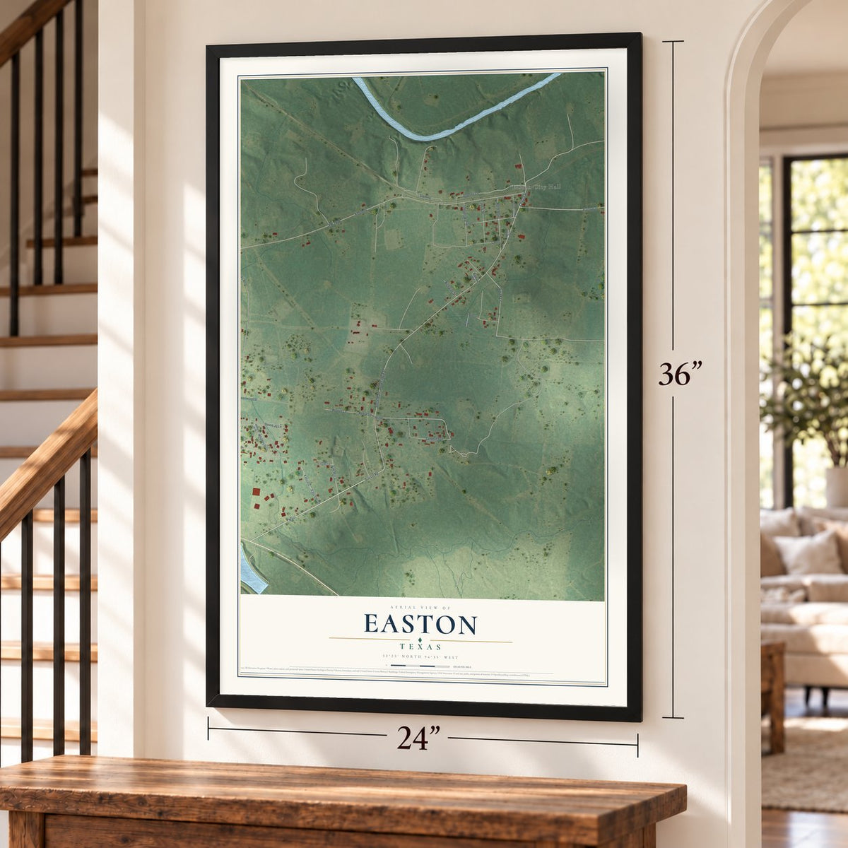 Easton, Texas map, 24 x 36 inch print in a black frame by a staircase