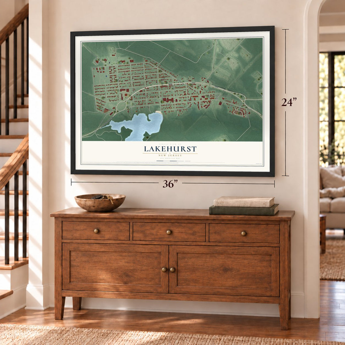 Lakehurst, New Jersey map, 24 x 36 inch print in a black frame above a dresser by a staircase