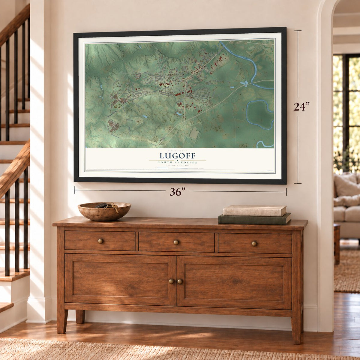 Lugoff, South Carolina map, 24 x 36 inch print in a black frame above a dresser by a staircase