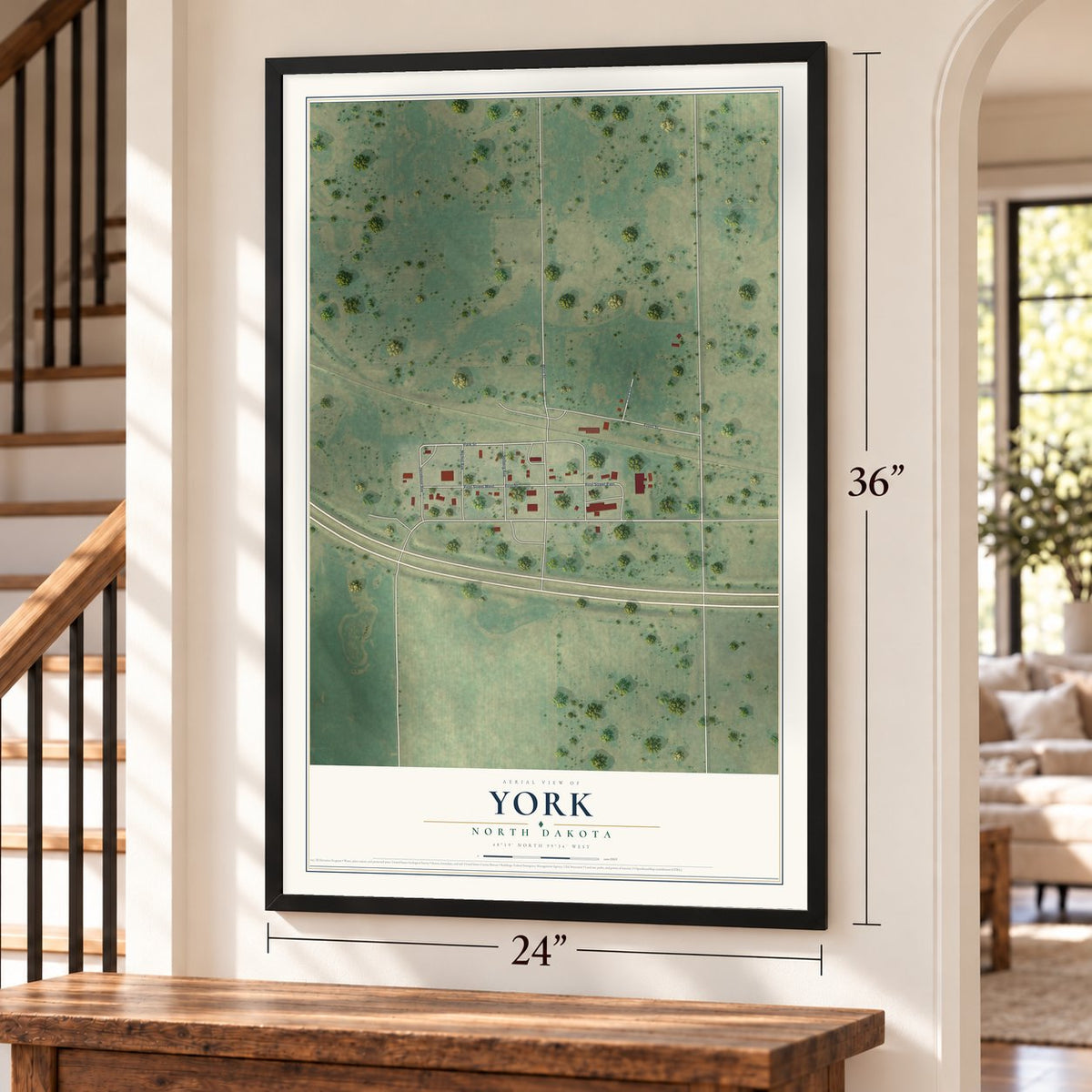 York, North Dakota map, 24 x 36 inch print in a black frame by a staircase