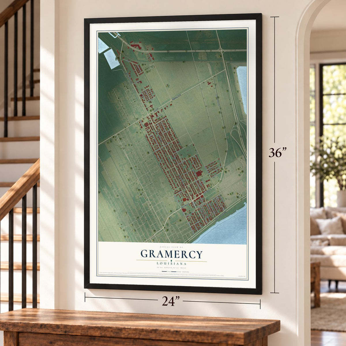 Gramercy, Louisiana map, 24 x 36 inch print in a black frame by a staircase