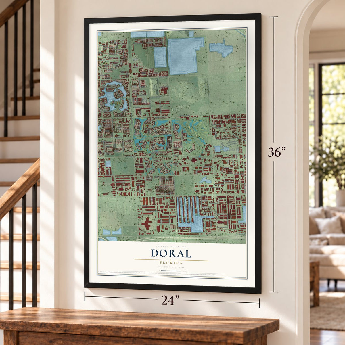 Doral, Florida map, 24 x 36 inch print in a black frame by a staircase