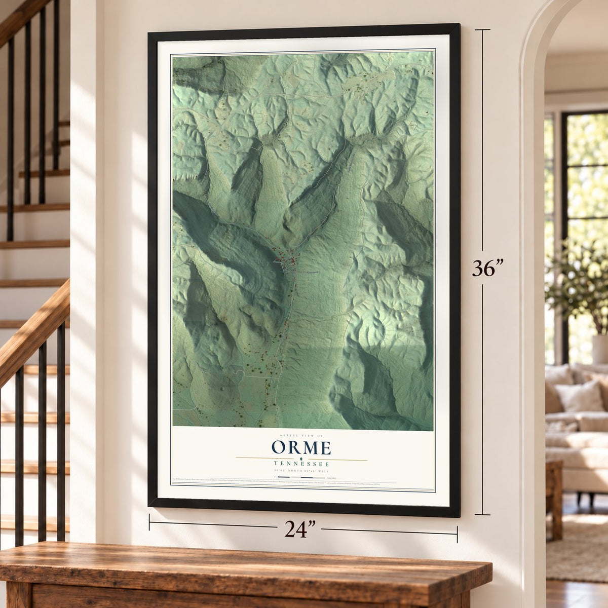 Orme, Tennessee map, 24 x 36 inch print in a black frame by a staircase