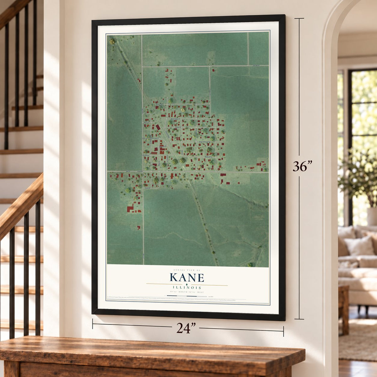 Kane, Illinois map, 24 x 36 inch print in a black frame by a staircase