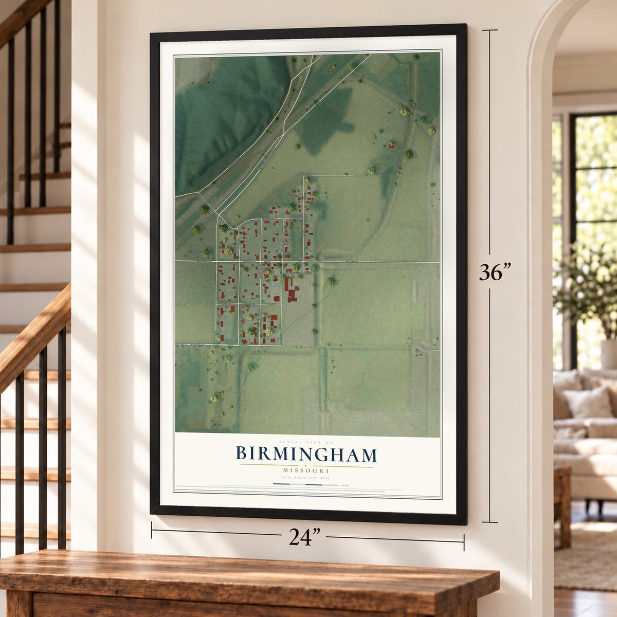 Birmingham, Missouri map, 24 x 36 inch print in a black frame by a staircase