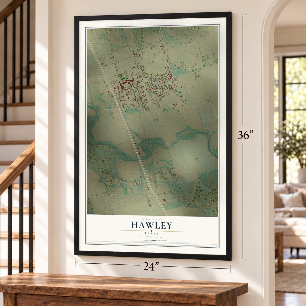 Hawley, Texas map, 24 x 36 inch print in a black frame by a staircase