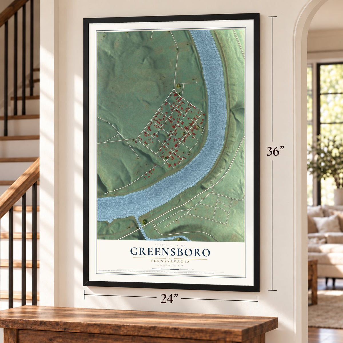 Greensboro, Pennsylvania map, 24 x 36 inch print in a black frame by a staircase