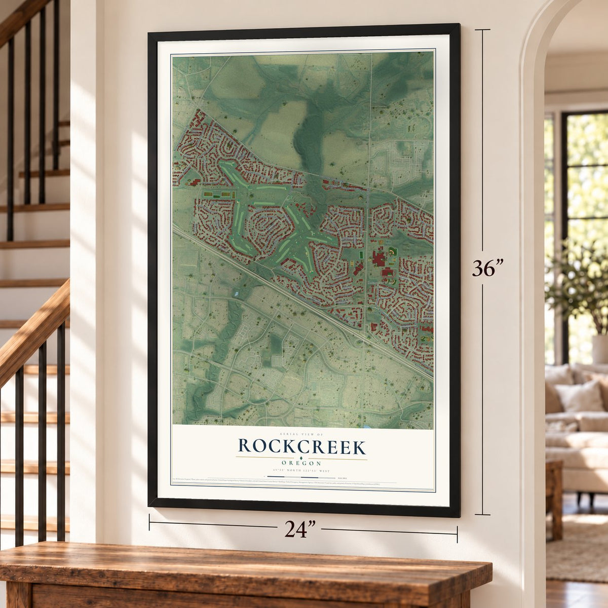 Rockcreek, Oregon map, 24 x 36 inch print in a black frame by a staircase